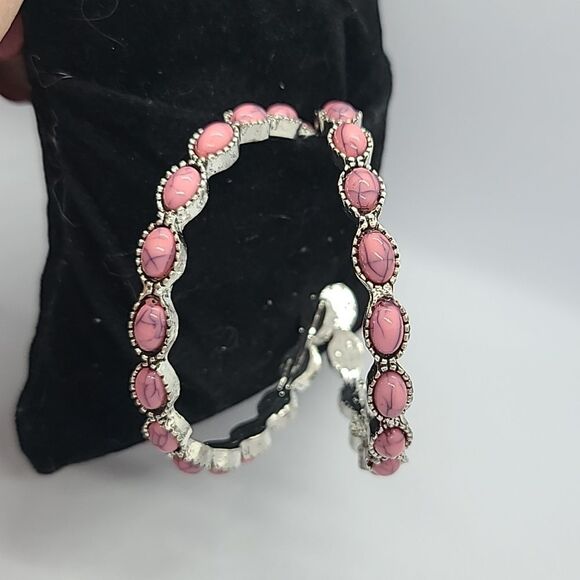 Pink Beaded Bohemian Silver Hoop Earrings Boho Native Western Tribal Jewelry - Picture 5 of 9